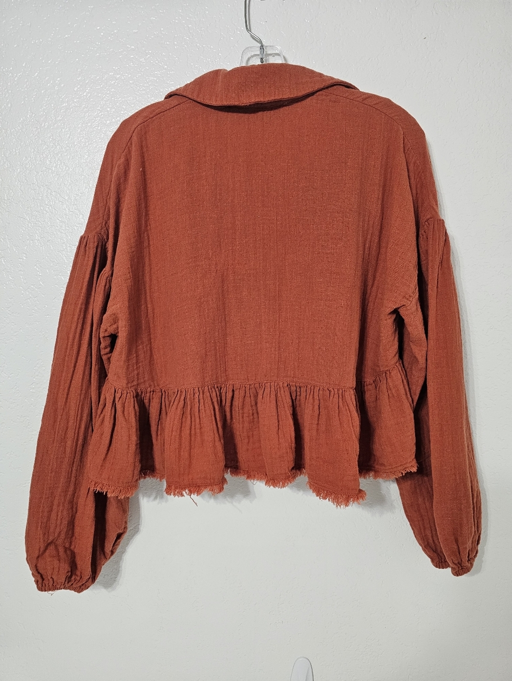 Free People Rust Orange Ruffle Crop Jacket Top XS Boho Cottagecore Cotton Gauze - Picture 3 of 8